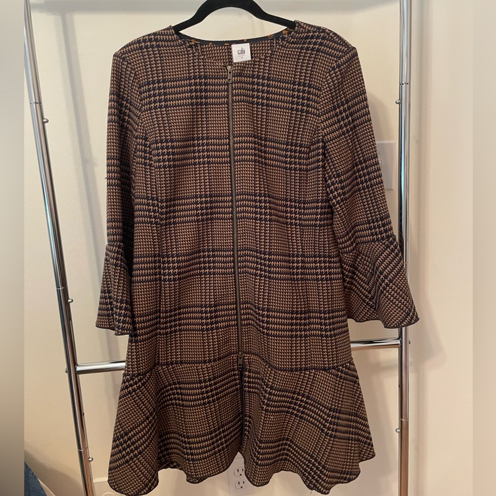 CAbi Brown and Black A-Line Dress/Cardigan with 3/4 Bell Sleeves